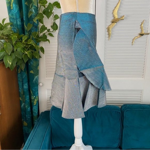 Umgee All That Sparkles High Waist Metallic Lurex Ruffled Skirt Blue Silver New - Picture 7 of 13